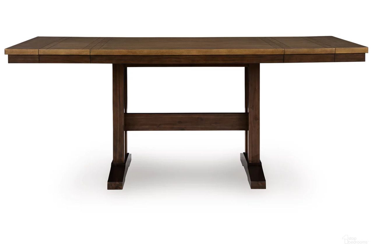 The appearance of Sharlander Counter Height Dining Extension Table In Light Brown and Dark Brown designed by Signature Design by Ashley in the transitional interior design. This light brown/dark brown piece of furniture was selected by 1StopBedrooms from Sharlander Collection to add a touch of cosiness and style into your home. Sku: NCD651-32. Table Base Style: Trestle. Material: Wood. Table Top Shape: Rectangular. Size: 42" x 86".