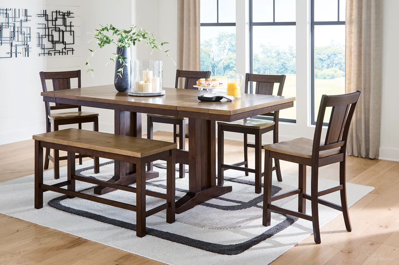 The appearance of Sharlander Counter Height Extension Dining Room Set In Light Brown and Dark Brown designed by Signature Design by Ashley in the transitional interior design. This light brown/dark brown piece of furniture  was selected by 1StopBedrooms from Sharlander Collection to add a touch of cosiness and style into your home. Sku: NCD651-32;NCD651-124;NCD651-124. Material: Wood.