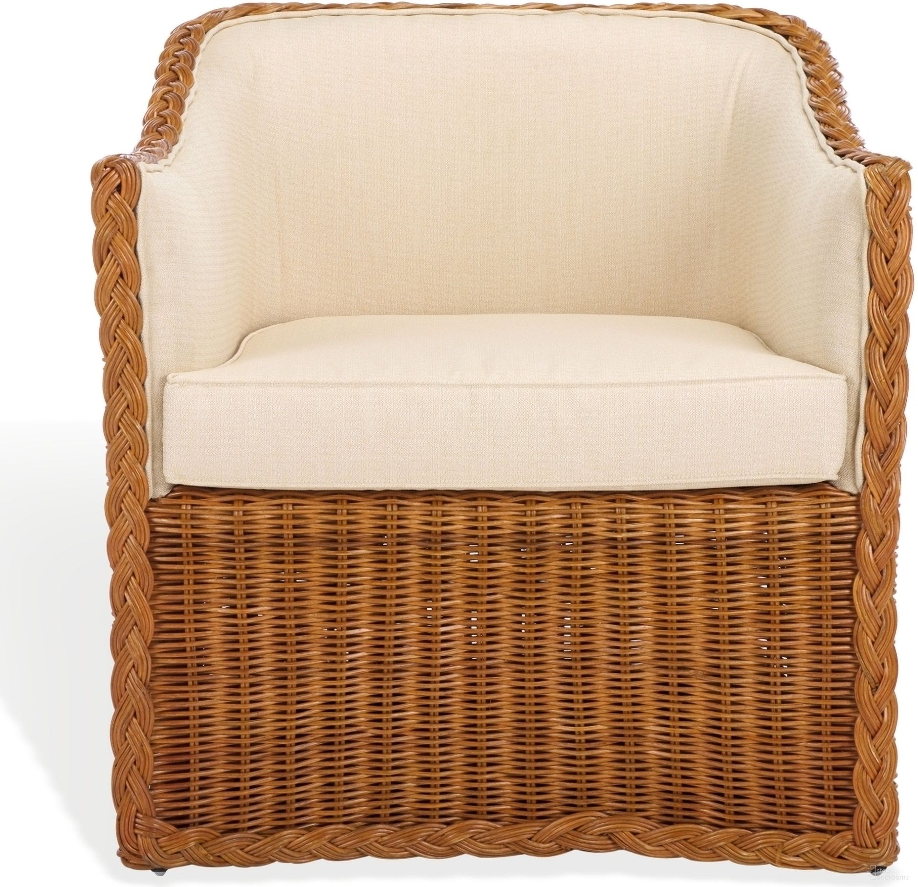 The appearance of Sharon Rattan Accent Chair In Natural and Beige designed by Safavieh Couture in the modern / contemporary interior design. This natural and beige piece of furniture  was selected by 1StopBedrooms from Sharon Collection to add a touch of cosiness and style into your home. Sku: CWK2009A. Material: Rattan.