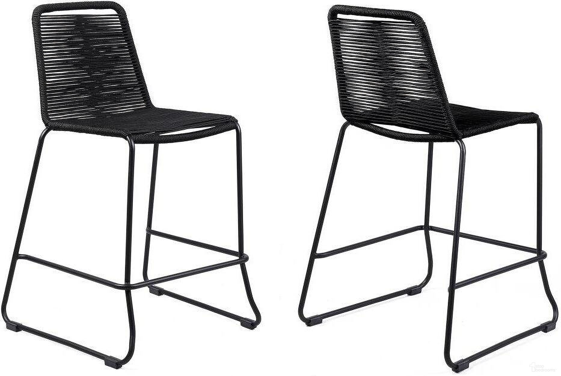 The appearance of Shasta 30 Inch Outdoor Metal And Black Rope Stackable Barstool Set Of 2 designed by Armen Living in the modern / contemporary interior design. This black piece of furniture was selected by 1StopBedrooms from Shasta Collection to add a touch of cosiness and style into your home. Sku: LCSTBABLBLK30. Material: Rope.