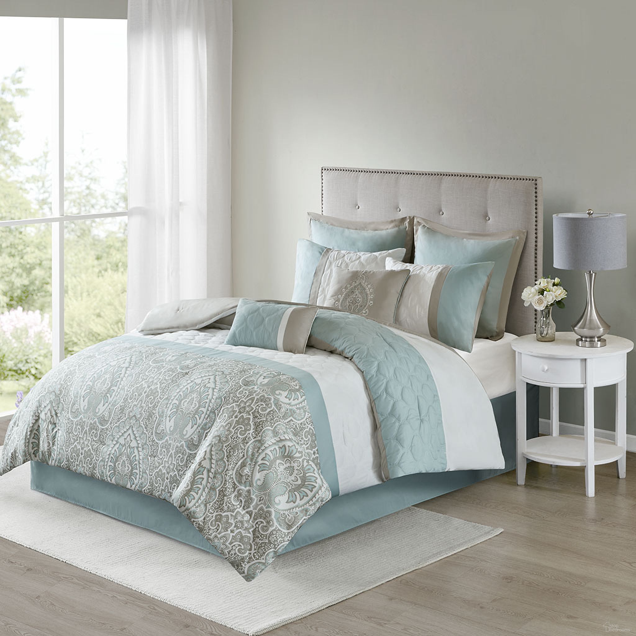 The appearance of Shawnee Polyester Microfiber Printed Pieced Embroidered 8Pcs California King Comforter Set With Quilting In Seafoam designed by Olliix in the transitional interior design. This seafoam piece of furniture was selected by 1StopBedrooms from Shawnee Collection to add a touch of cosiness and style into your home. Sku: 5DS10-0052. Material: Polyester. Bed Size: California King.