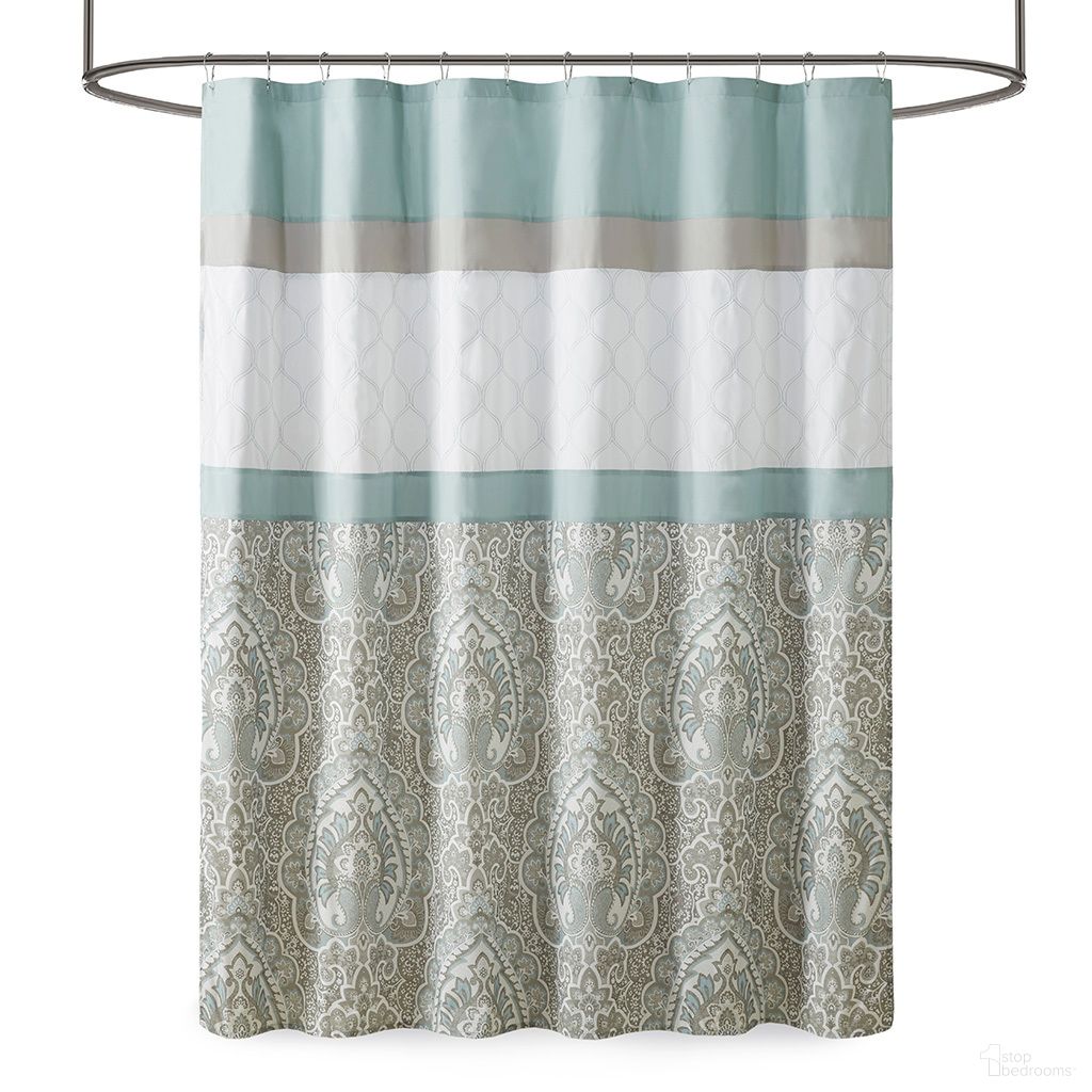 The appearance of Shawnee Printed and Embroidered Shower Curtain In Seafoam designed by Olliix in the traditional interior design. This seafoam piece of furniture  was selected by 1StopBedrooms from Shawnee Collection to add a touch of cosiness and style into your home. Sku: 5DS70-0094. Material: Microfiber.