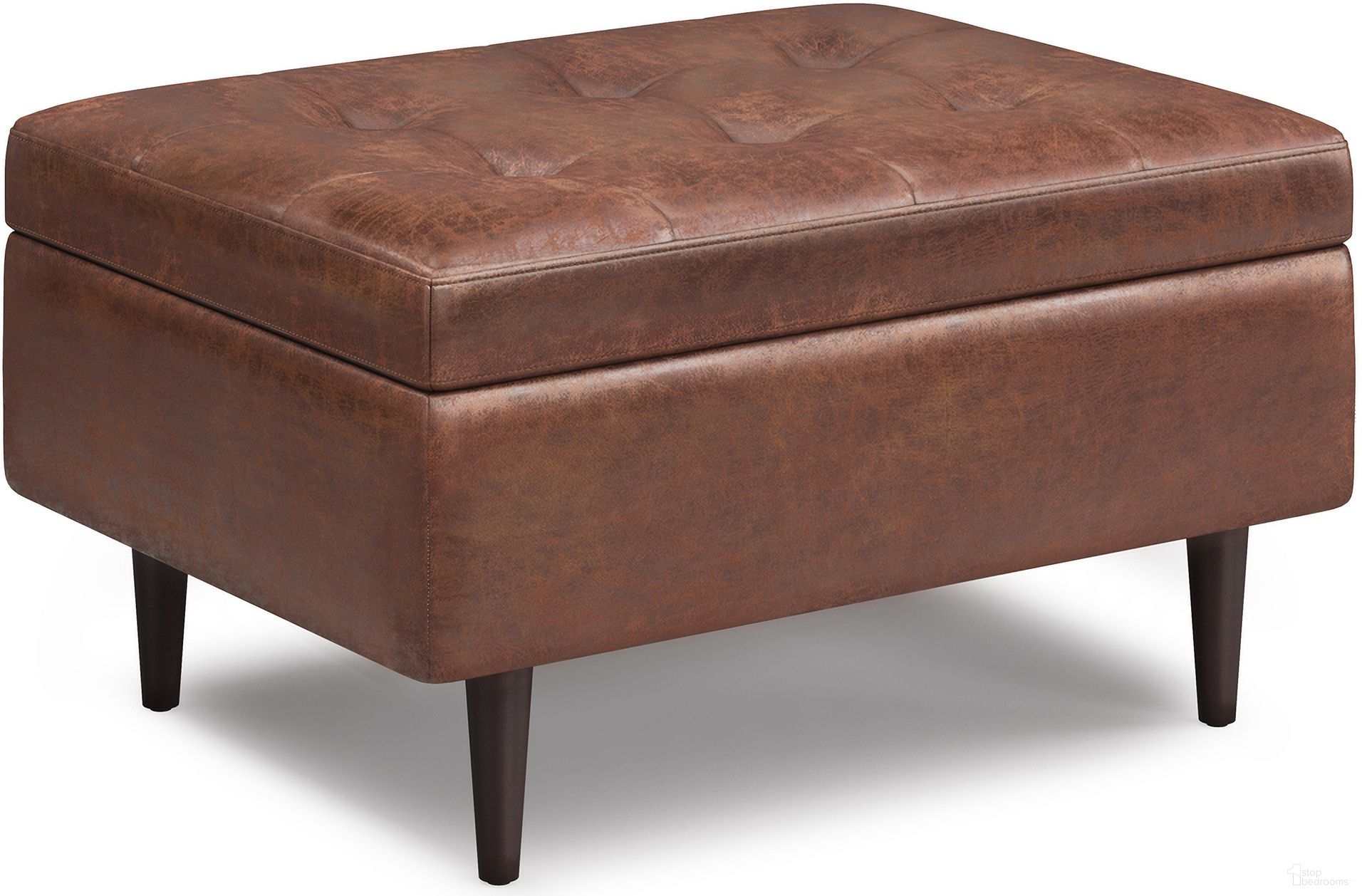 The appearance of Shay Vegan Faux Leather Mid Century Small Coffee Table Storage Ottoman In Distressed Saddle Brown designed by Simpli Home in the transitional interior design. This distressed saddle brown piece of furniture  was selected by 1StopBedrooms from Shay Collection to add a touch of cosiness and style into your home. Sku: AXCOT-SHSS-DSB. Material: Faux Leather.