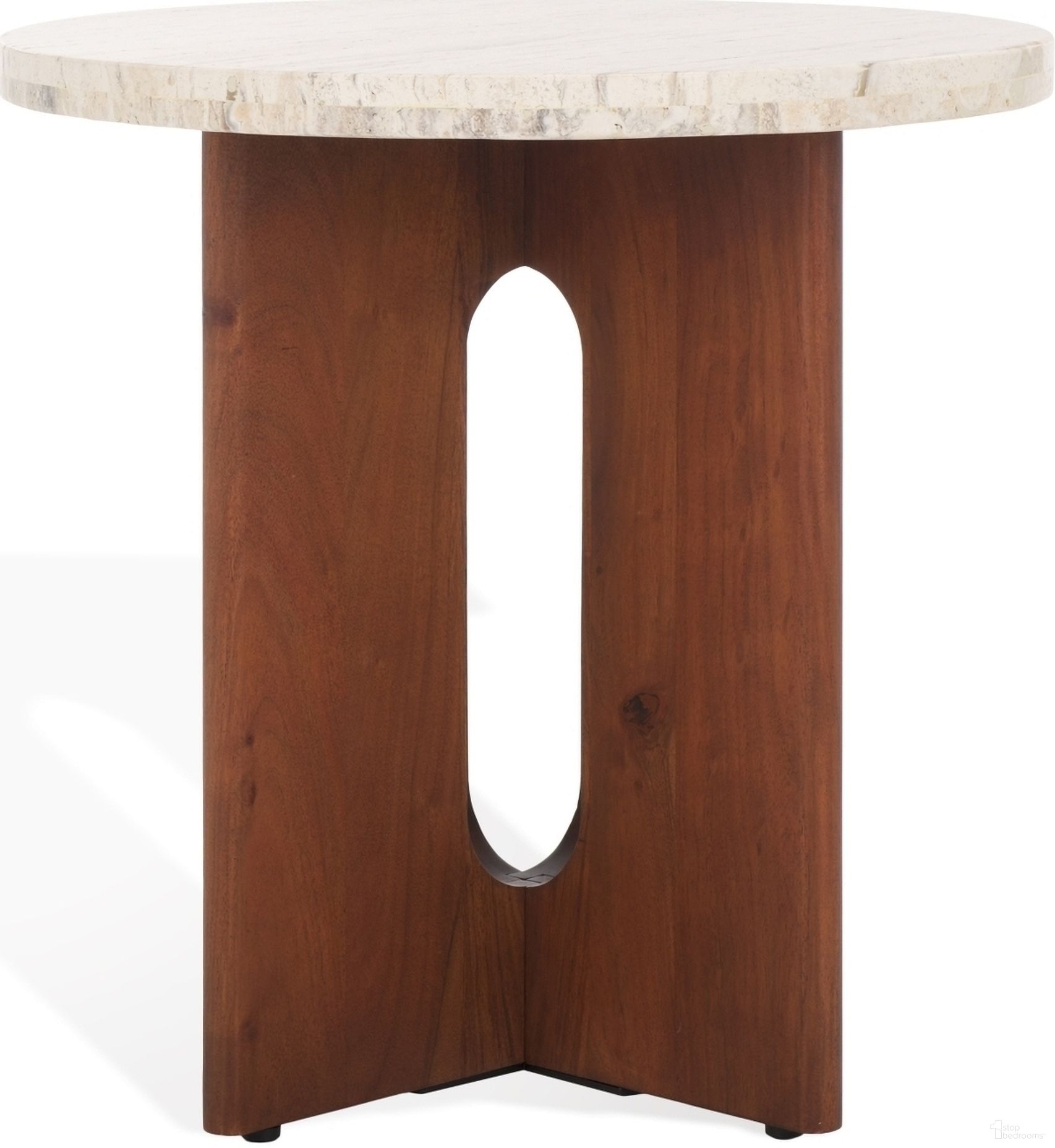 The appearance of Shayna Accent Table In Travertine and Brown designed by Safavieh Couture in the modern / contemporary interior design. This travertine and brown piece of furniture  was selected by 1StopBedrooms from Shayna Collection to add a touch of cosiness and style into your home. Sku: SFV9722B. Material: Travertine.