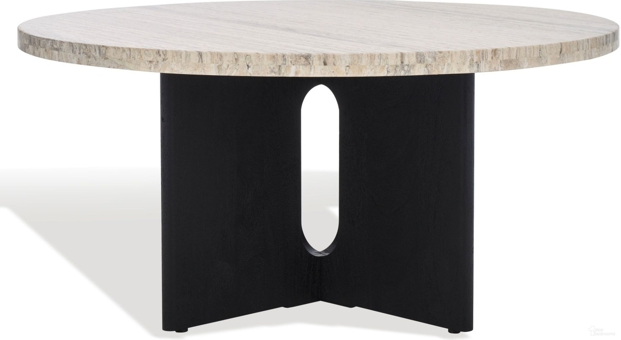 The appearance of Shayna Travertine Coffee Table In Travertine and Black designed by Safavieh Couture in the modern / contemporary interior design. This travertine/black piece of furniture  was selected by 1StopBedrooms from Shayna Collection to add a touch of cosiness and style into your home. Sku: SFV9721A. Material: Travertine.