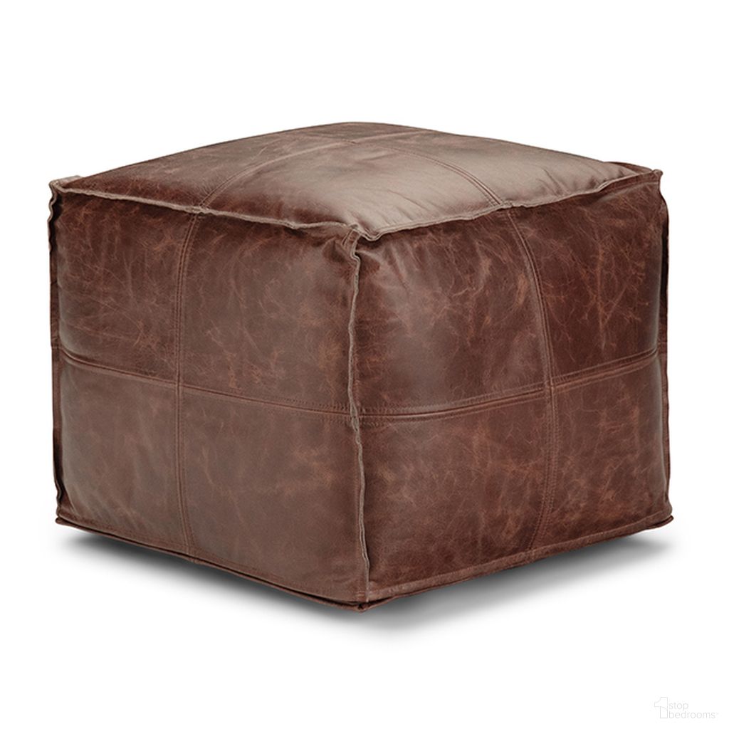 The appearance of Sheffield Genuine Leather Square Pouf In Brown designed by Simpli Home in the bohemian interior design. This brown piece of furniture  was selected by 1StopBedrooms from Sheffield Collection to add a touch of cosiness and style into your home. Sku: AXCPF-36. Material: Genuine Leather.