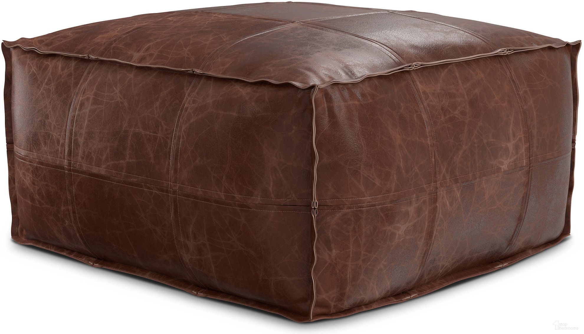 The appearance of Sheffield Leather Coffee table Pouf In Distressed Brown designed by Simpli Home in the bohemian interior design. This distressed brown piece of furniture was selected by 1StopBedrooms from Sheffield Collection to add a touch of cosiness and style into your home. Sku: AXCPFCT-36-DBR. Material: Leather.