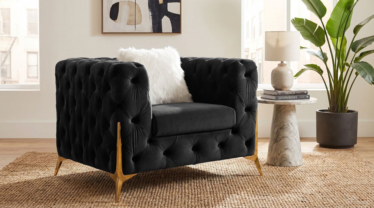 The appearance of Sheila Black Velvet Chair designed by Premier Home in the modern / contemporary interior design. This black piece of furniture  was selected by 1StopBedrooms from Sheila Collection to add a touch of cosiness and style into your home. Sku: FS361-BK-AR. Material: Velvet.