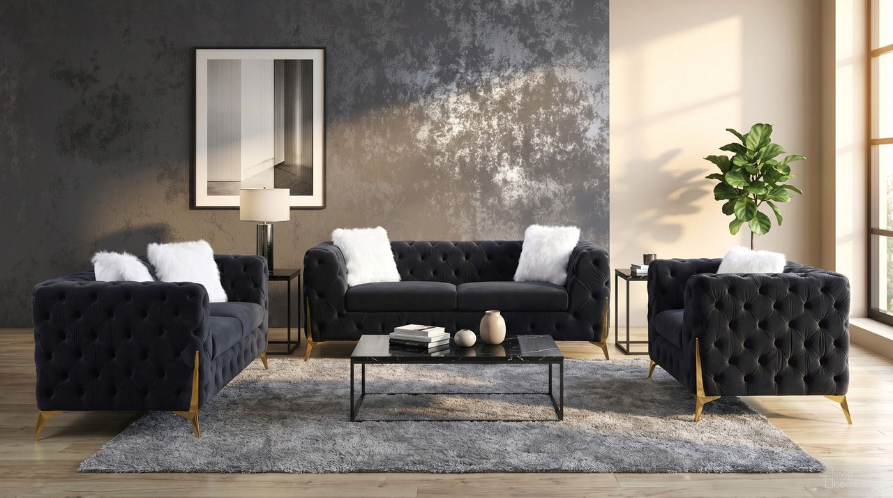 The appearance of Sheila Black Velvet Living Room Set designed by Premier Home in the modern / contemporary interior design. This black piece of furniture  was selected by 1StopBedrooms from Sheila Collection to add a touch of cosiness and style into your home. Sku: FS361-BK-LO;FS361-BK-SO. Material: Velvet.