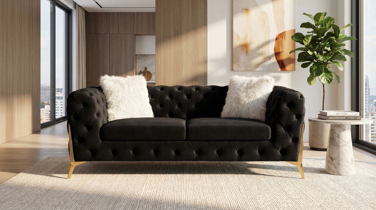 The appearance of Sheila Black Velvet Loveseat designed by Premier Home in the modern / contemporary interior design. This black piece of furniture  was selected by 1StopBedrooms from Sheila Collection to add a touch of cosiness and style into your home. Sku: FS361-BK-LO. Material: Velvet.
