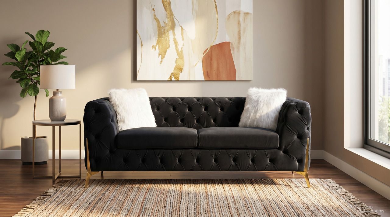 The appearance of Sheila Black Velvet Sofa designed by Premier Home in the modern / contemporary interior design. This black piece of furniture was selected by 1StopBedrooms from Sheila Collection to add a touch of cosiness and style into your home. Sku: FS361-BK-SO. Material: Velvet.