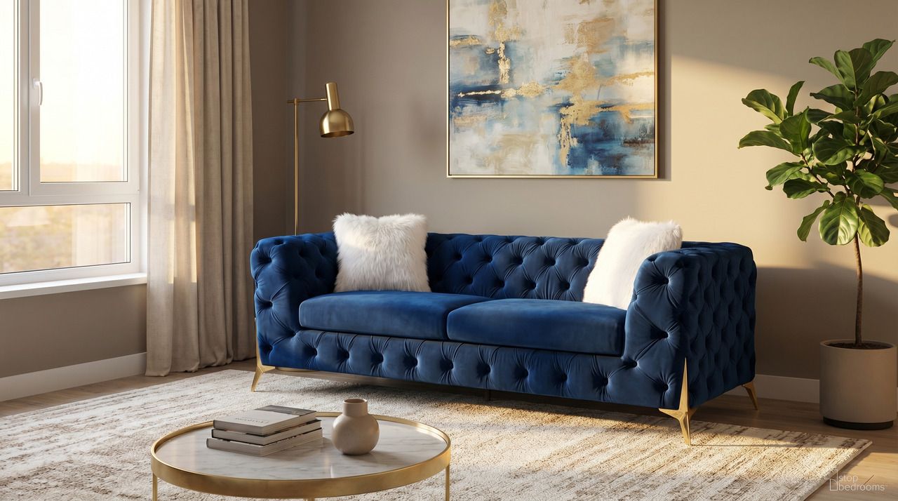 The appearance of Sheila Navy Velvet Sofa designed by Premier Home in the modern / contemporary interior design. This navy piece of furniture was selected by 1StopBedrooms from Sheila Collection to add a touch of cosiness and style into your home. Sku: FS361-NA-SO. Material: Velvet.