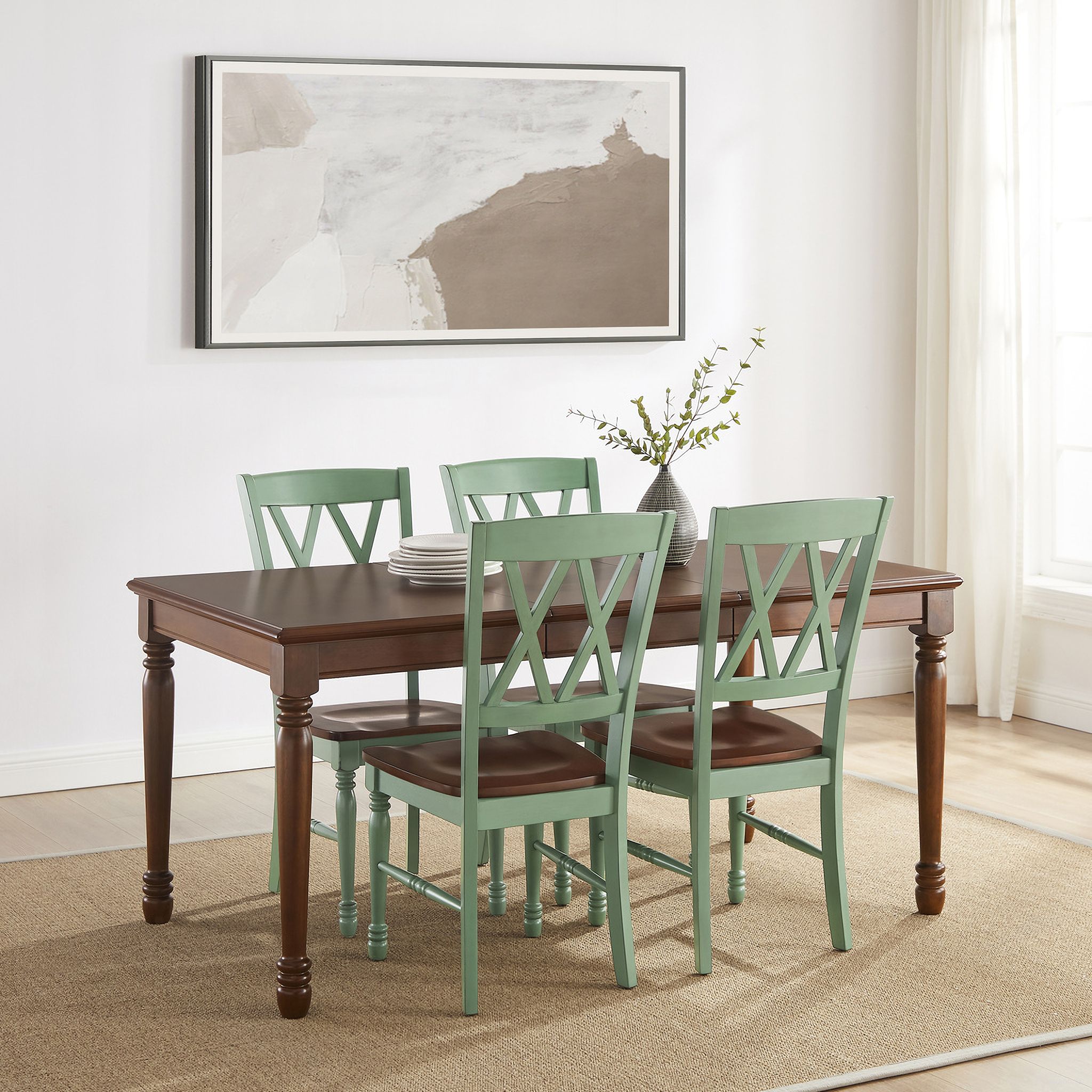 Shelby 5 Piece Dining Table Set for 4 In Distressed Teal and Dark Cherry