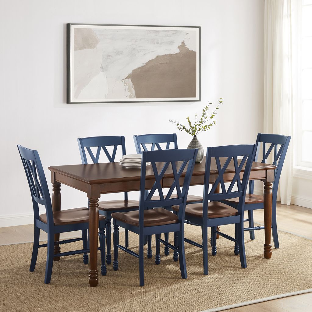 Shelby 7 Piece Dining Table Set for 6 In Navy and Dark Cherry
