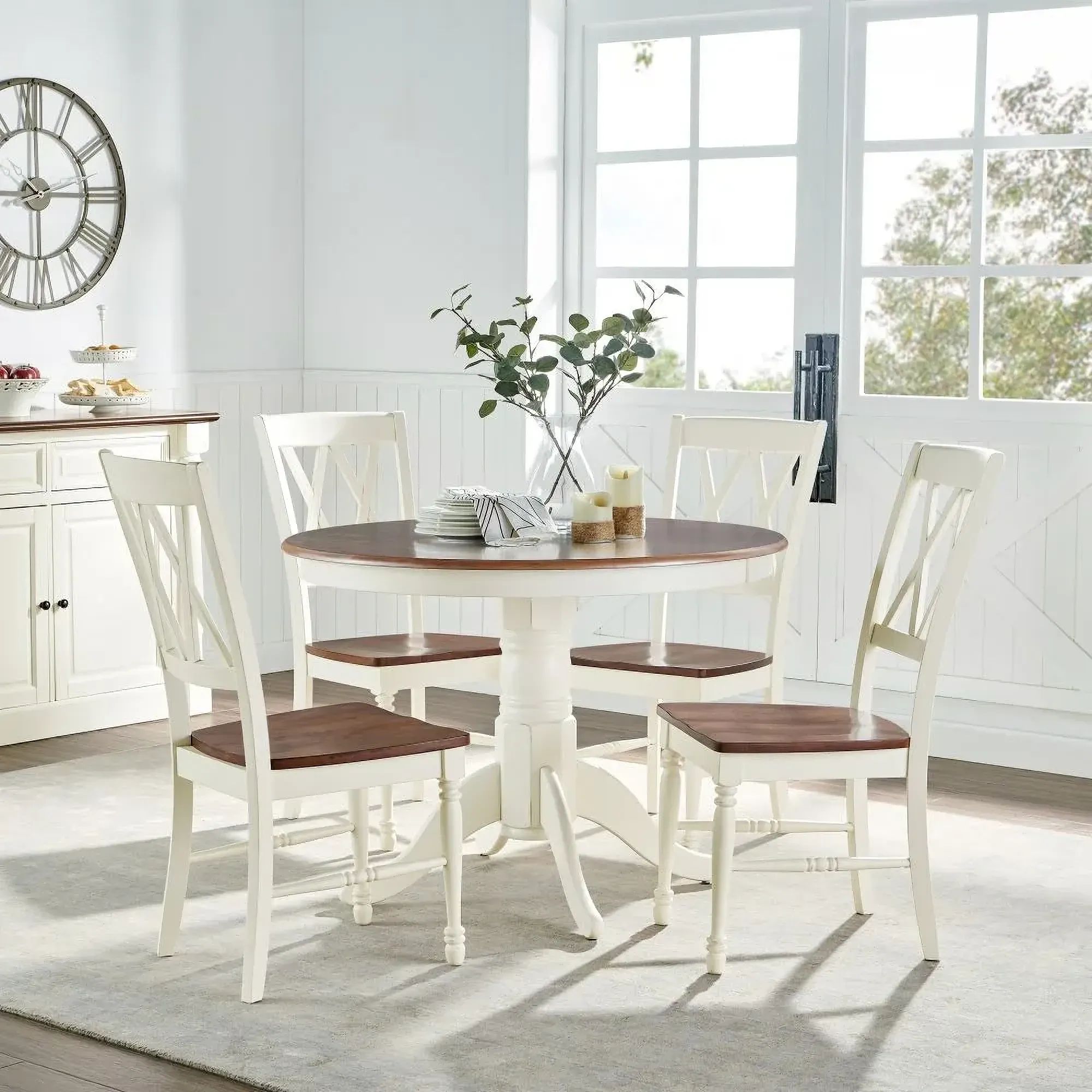 The appearance of Shelby Round Dining Room Set In Distressed White designed by Crosley Brands in the traditional interior design. This distressed white piece of furniture was selected by 1StopBedrooms from Shelby Collection to add a touch of cosiness and style into your home. Sku: CF2003-WH-1OF2;CF2003-WH-2OF2;CF501018-WH. Table Top Shape: Round. Size: 42". Material: Birch Veneer.