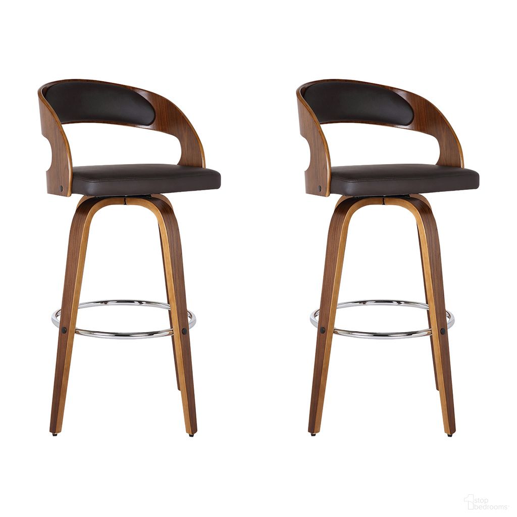 The appearance of Shelly 26 Inch Counter Height Swivel Bar Stool Set of 2 In Brown and Walnut designed by Armen Living in the transitional interior design. This brown and walnut piece of furniture  was selected by 1StopBedrooms from Shelly Collection to add a touch of cosiness and style into your home. Sku: LCSHBABRWA26;LCSHBABRWA26. Material: Faux Leather.