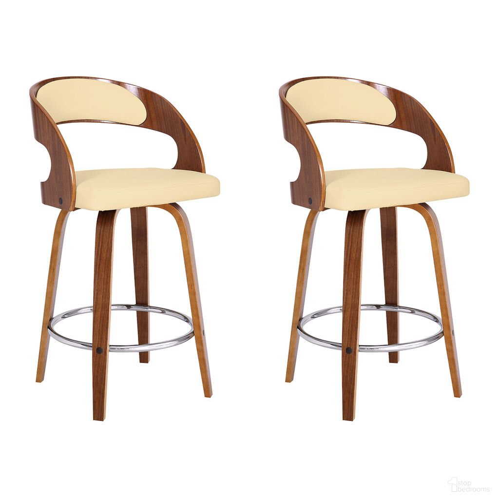 The appearance of Shelly 26 Inch Counter Height Swivel Bar Stool Set of 2 In Cream and Walnut designed by Armen Living in the transitional interior design. This cream/walnut piece of furniture was selected by 1StopBedrooms from Shelly Collection to add a touch of cosiness and style into your home. Sku: LCSHBACRWA26;LCSHBACRWA26. Material: Steel.