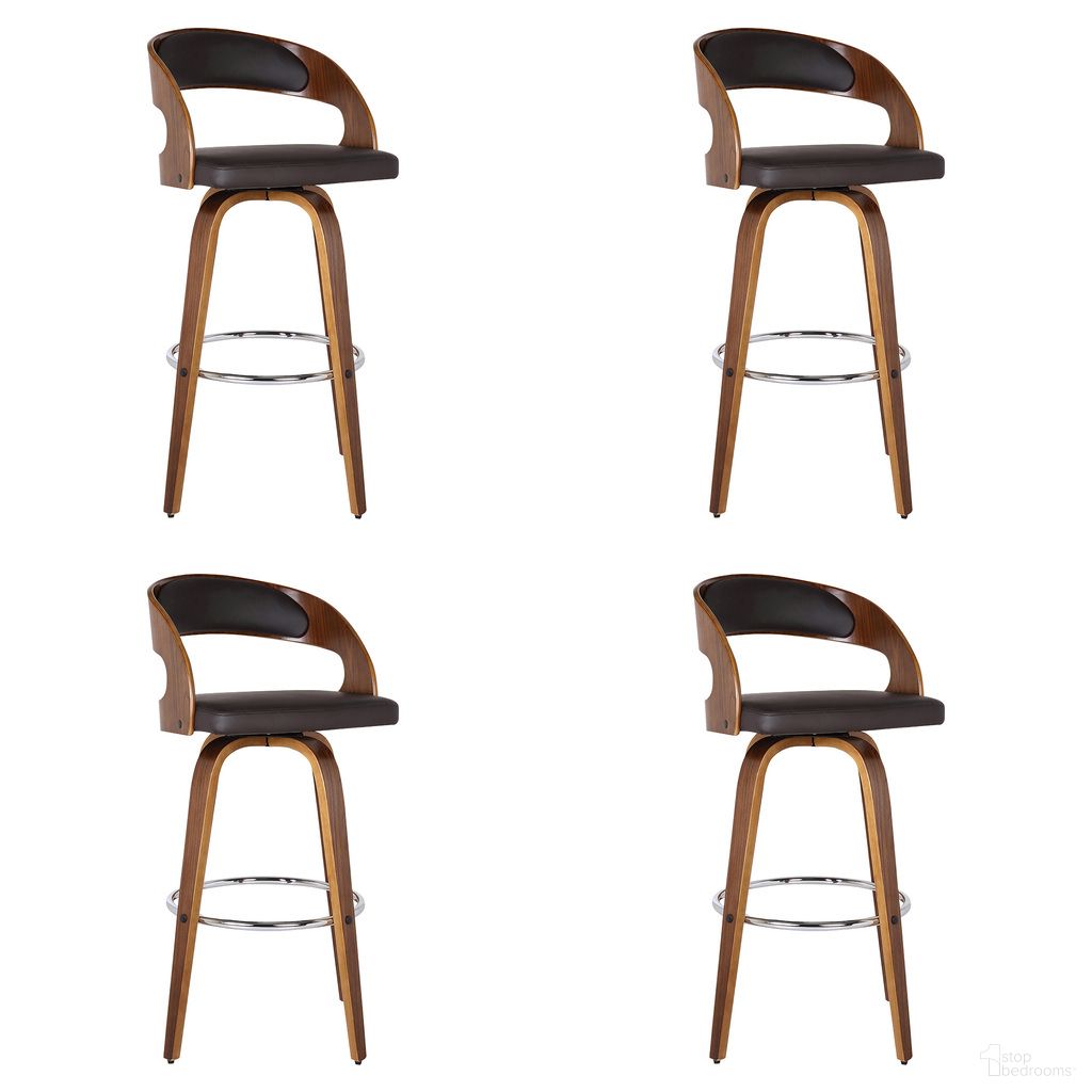 The appearance of Shelly 26 Inch Counter Height Swivel Bar Stool Set of 4 In Brown and Walnut designed by Armen Living in the transitional interior design. This brown and walnut piece of furniture  was selected by 1StopBedrooms from Shelly Collection to add a touch of cosiness and style into your home. Sku: LCSHBABRWA26;LCSHBABRWA26;LCSHBABRWA26;LCSHBABRWA26. Material: Faux Leather.