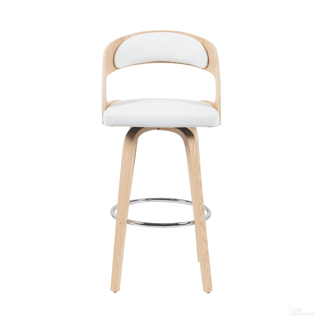 Shelly Bar Height Swivel Stool with Faux Leather Upholstered Seat In White and Oak