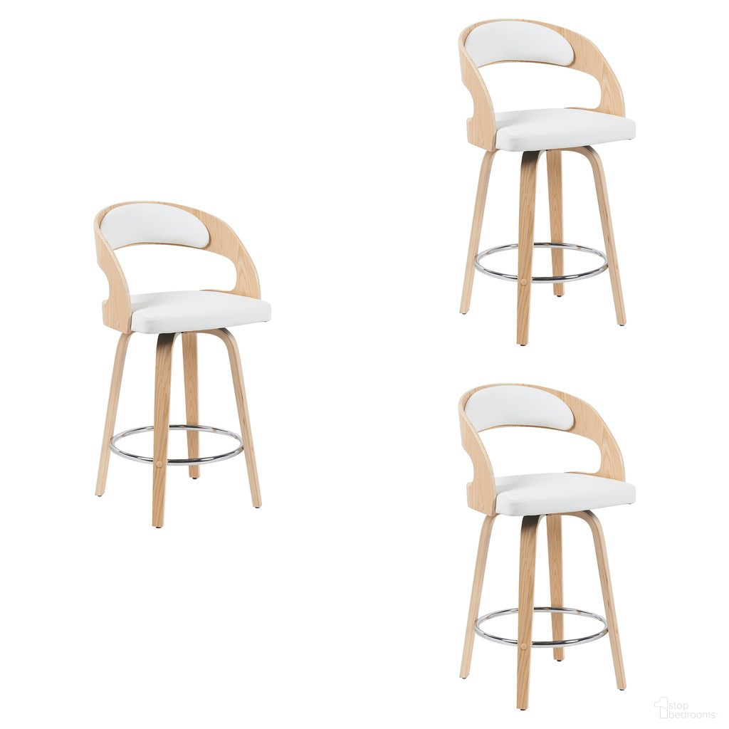 The appearance of Shelly Counter Height Swivel Bar Stool Set of 3 In Patterned Oak and White designed by Armen Living in the modern / contemporary interior design. This patterned oak and white piece of furniture  was selected by 1StopBedrooms from Shelly Collection to add a touch of cosiness and style into your home. Sku: LCSHBAWHPO26;LCSHBAWHPO26;LCSHBAWHPO26. Material: Faux Leather.