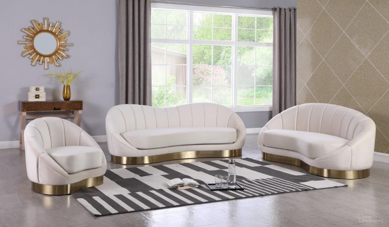 The appearance of Shelly Living Room Set In Cream Velvet designed by Meridian in the modern / contemporary interior design. This cream velvet piece of furniture  was selected by 1StopBedrooms from Shelly Collection to add a touch of cosiness and style into your home. Sku: 623Cream-S;623Cream-Chaise. Material: Velvet.