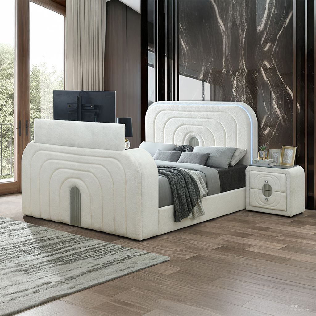 Shelyn Bedroom Set with LED, Fireplace and Bluetooth In White and Chrome