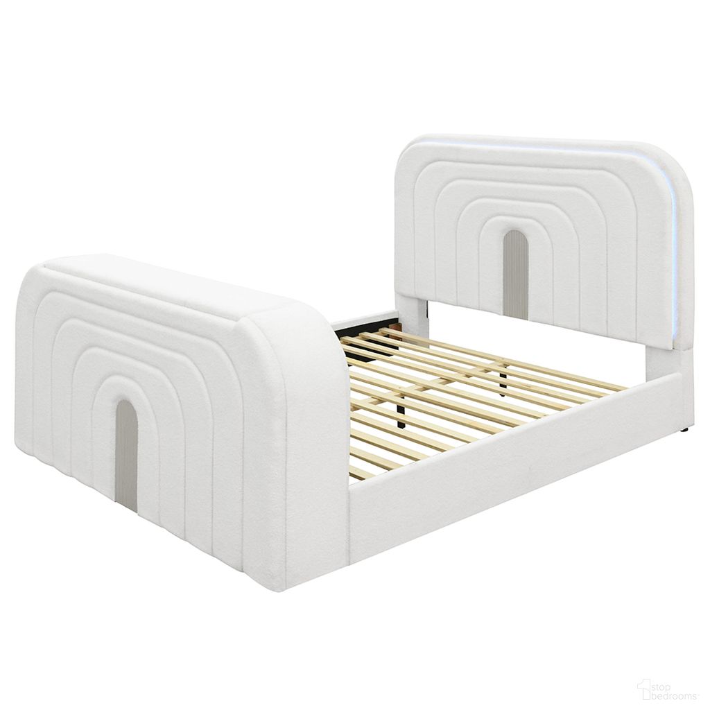 Shelyn Queen Bed with LED, Fireplace and Bluetooth In White and Chrome
