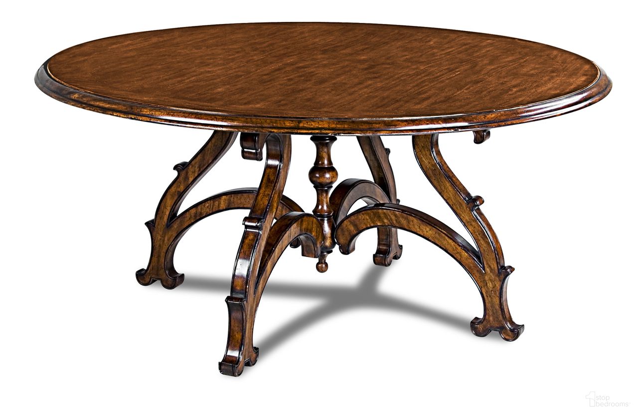 The appearance of Shepard Dining Table In Brown designed by Maitland-Smith in the rustic / southwestern interior design. This brown piece of furniture was selected by 1StopBedrooms from Maitland Smith Collection to add a touch of cosiness and style into your home. Sku: 89-0704-B;89-0704-T. Table Base Style: Legs. Table Top Shape: Round. Material: Wood. Size: 65".