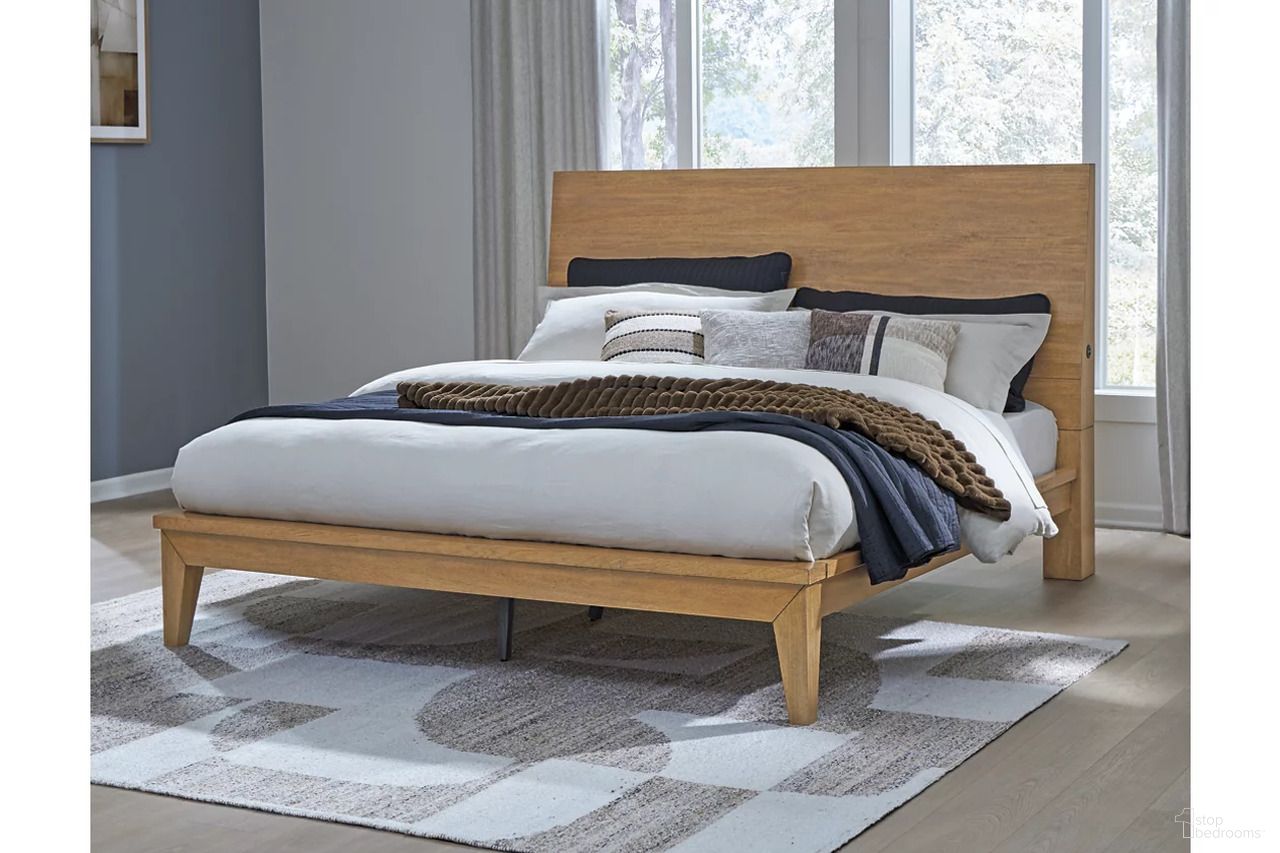 The appearance of Sherbana California King Panel Bed In Light Brown designed by Signature Design by Ashley in the transitional interior design. This light brown piece of furniture was selected by 1StopBedrooms from Sherbana Collection to add a touch of cosiness and style into your home. Sku: B833-56;B833-58;B833-94. Bed Type: Panel Bed. Material: Wood. Bed Size: California King.