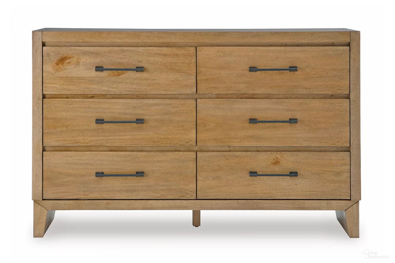 The appearance of Sherbana Dresser In Light Brown designed by Signature Design by Ashley in the transitional interior design. This light brown piece of furniture was selected by 1StopBedrooms from Sherbana Collection to add a touch of cosiness and style into your home. Sku: B833-31. Material: Wood.