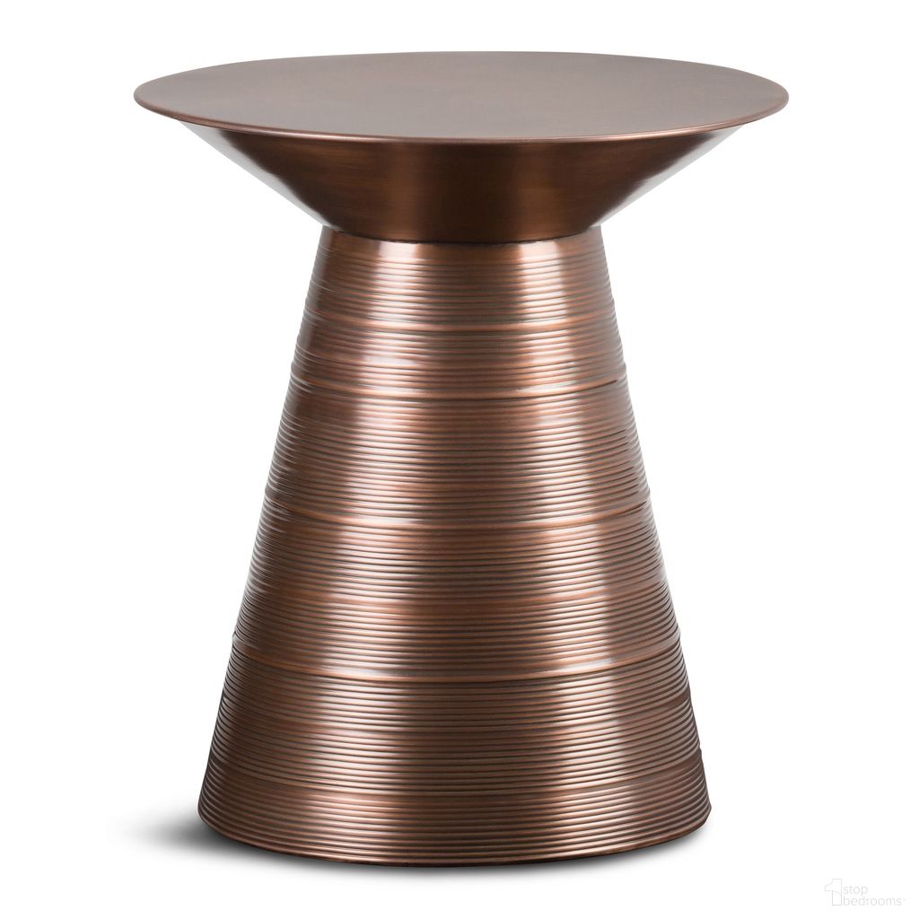 The appearance of Sheridan Metal Accent Table In Aged Copper designed by Simpli Home in the industrial interior design. This aged copper piece of furniture  was selected by 1StopBedrooms from Sheridan Collection to add a touch of cosiness and style into your home. Sku: AXCMTBL-10. Material: Metal.