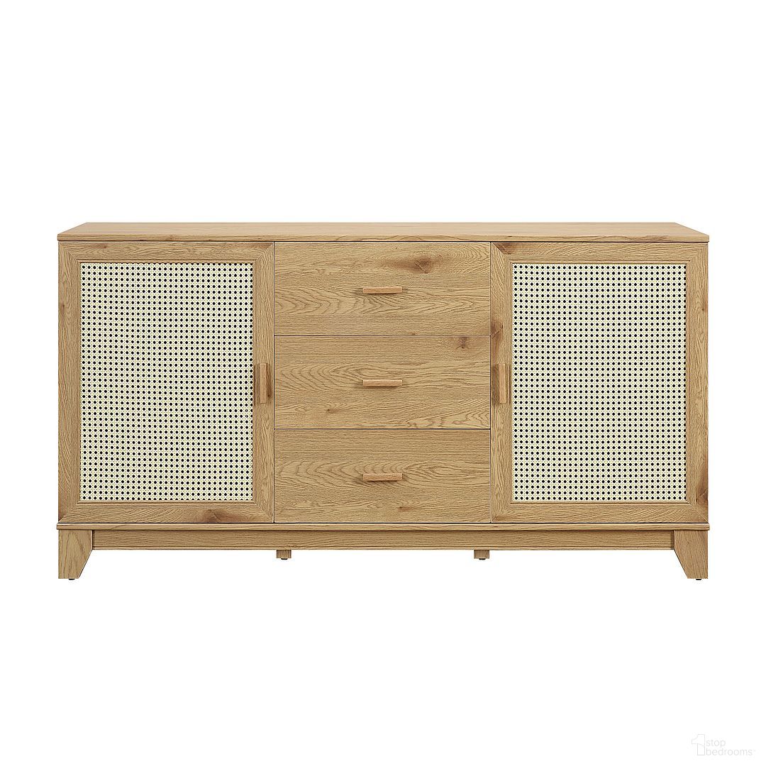 The appearance of Sheridan Sideboard Cabinet In Nature designed by Manhattan Comfort in the transitional interior design. This nature piece of furniture was selected by 1StopBedrooms from Sheridan Collection to add a touch of cosiness and style into your home. Sku: SB-4GLF-NA. Material: MDF.