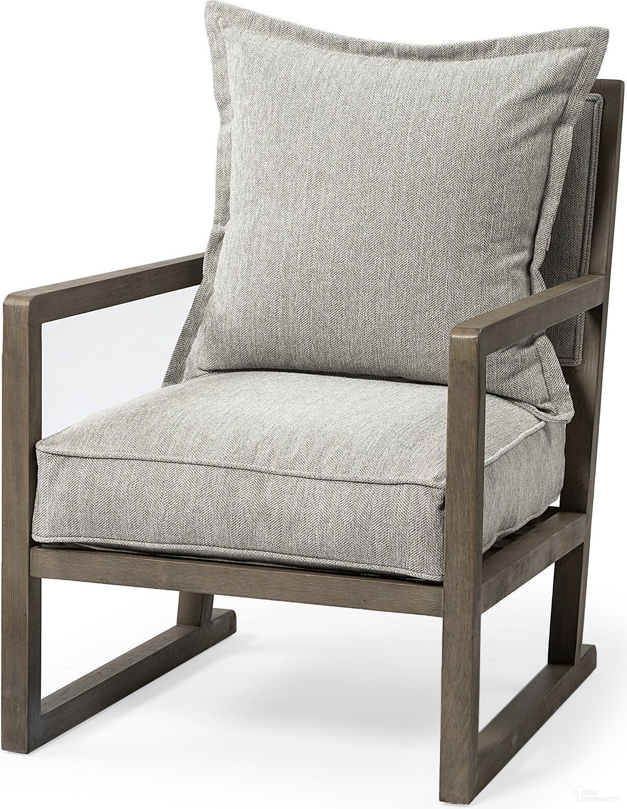 The appearance of Sherlock Wood Frame Accent Chair In Frost Gray designed by Mercana in the modern / contemporary interior design. This frost gray piece of furniture  was selected by 1StopBedrooms from Sherlock Collection to add a touch of cosiness and style into your home. Sku: 69001. Material: Wood.
