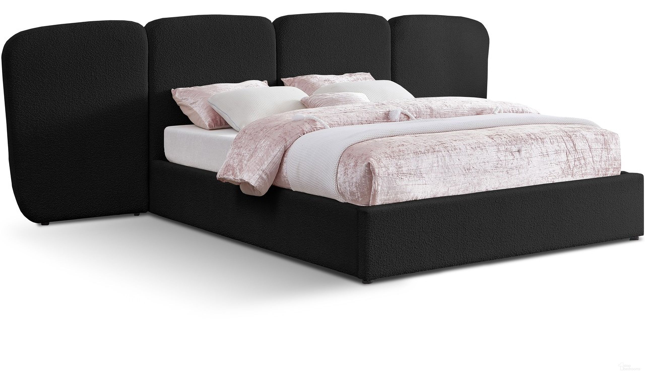 The appearance of Shiloh Boucle Fabric King Bed In Black designed by Meridian in the modern / contemporary interior design. This black piece of furniture was selected by 1StopBedrooms from Shiloh Collection to add a touch of cosiness and style into your home. Sku: ShilohBlack-K Box 1/3 (Headboard / Slats);ShilohBlack-K Box 2/3 (Side Panels);ShilohBlack-K Box 3/3 (Footboard / Rails / Center Bar / Hardware). Bed Type: Platform Bed. Material: Wood. Bed Size: King.