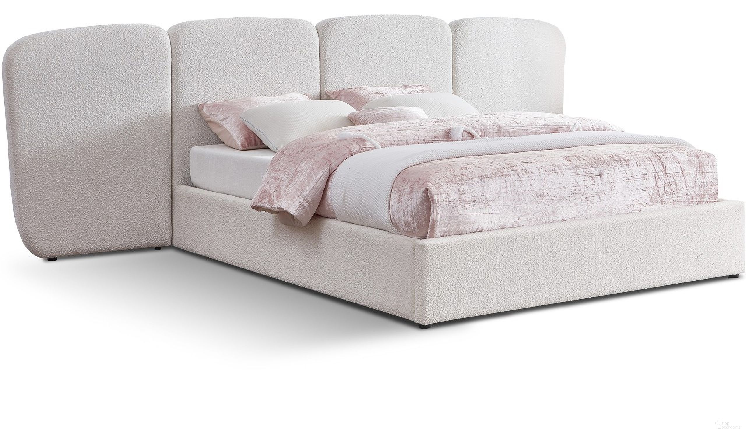The appearance of Shiloh Boucle Fabric King Bed In Cream designed by Meridian in the modern / contemporary interior design. This cream piece of furniture was selected by 1StopBedrooms from Shiloh Collection to add a touch of cosiness and style into your home. Sku: ShilohCream-K Box 1/3 (Headboard / Slats);ShilohCream-K Box 2/3 (Side Panels);ShilohCream-K Box 3/3 (Footboard / Rails / Center Bar / Hardware). Bed Type: Platform Bed. Material: Wood. Bed Size: King.