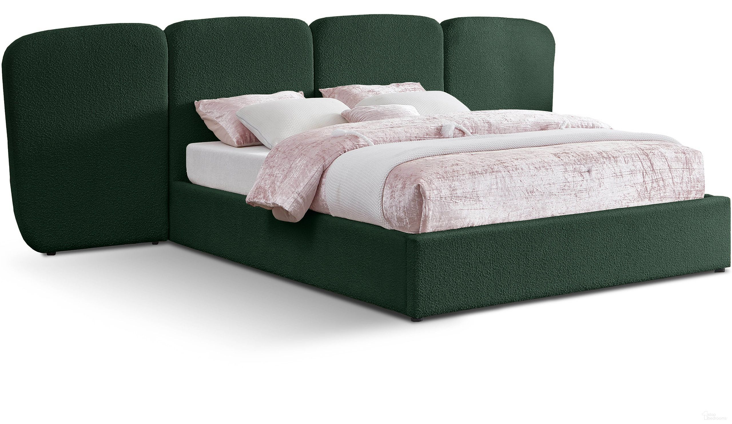 The appearance of Shiloh Boucle Fabric King Platform Bed In Green designed by Meridian in the modern / contemporary interior design. This green piece of furniture  was selected by 1StopBedrooms from Shiloh Collection to add a touch of cosiness and style into your home. Sku: ShilohGreen-K Box 1/3 (Headboard / Slats);ShilohGreen-K Box 2/3 (Footboard / Rails / Center Bar / Hardware);ShilohGreen-K Box 3/3 (Side Panels). Bed Type: Platform Bed. Bed Size: King. Material: Boucle Fabric.