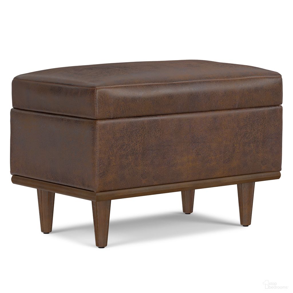 The appearance of Shiloh Vegan Faux Leather Small Storage Ottoman In Distressed Chestnut Brown designed by Simpli Home in the transitional interior design. This distressed chestnut brown piece of furniture was selected by 1StopBedrooms from Shiloh Collection to add a touch of cosiness and style into your home. Sku: AXCOT-SLHSM-DCB. Material: Faux Leather.