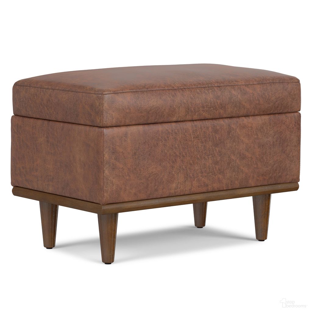Shiloh Vegan Faux Leather Small Storage Ottoman In Distressed Saddle Brown