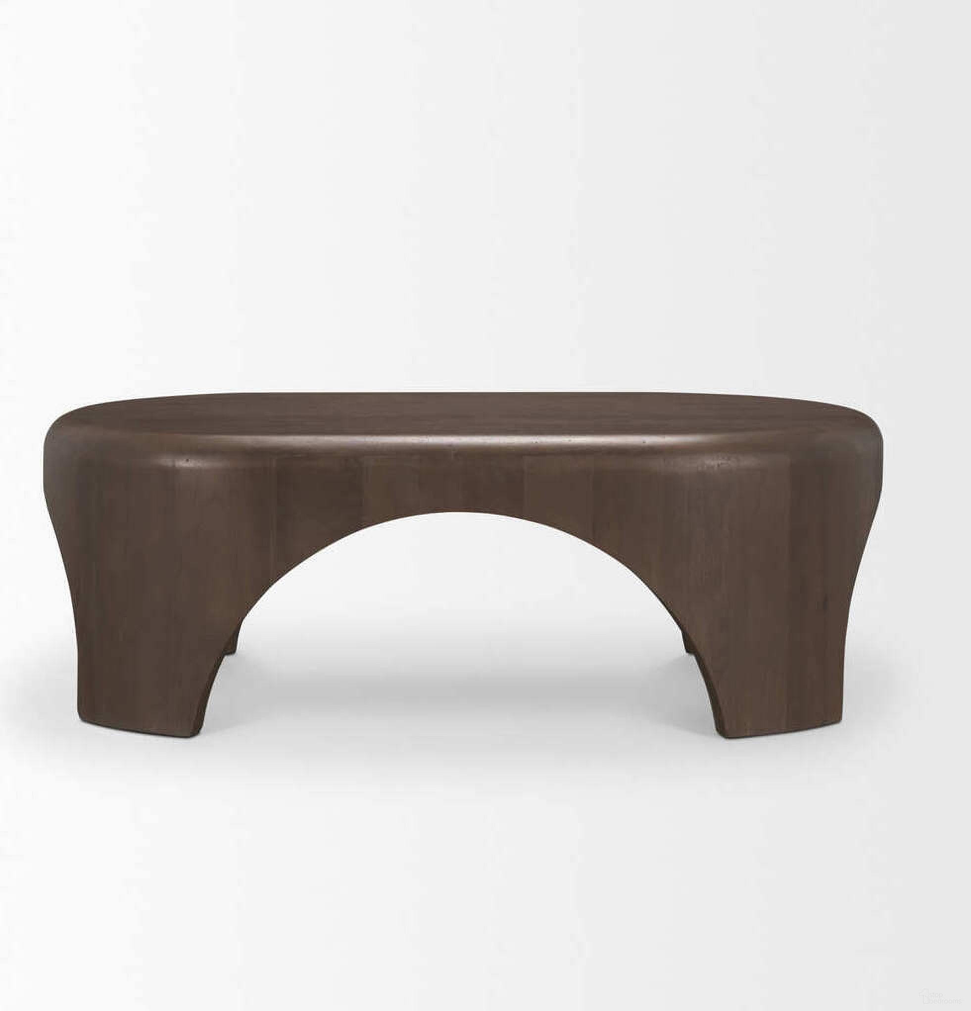 The appearance of Shima Oval Wood with Arched Legs Coffee Table In Dark Brown designed by Mercana in the modern / contemporary interior design. This dark brown piece of furniture  was selected by 1StopBedrooms from Shima Collection to add a touch of cosiness and style into your home. Sku: 70831. Material: Solid Wood.