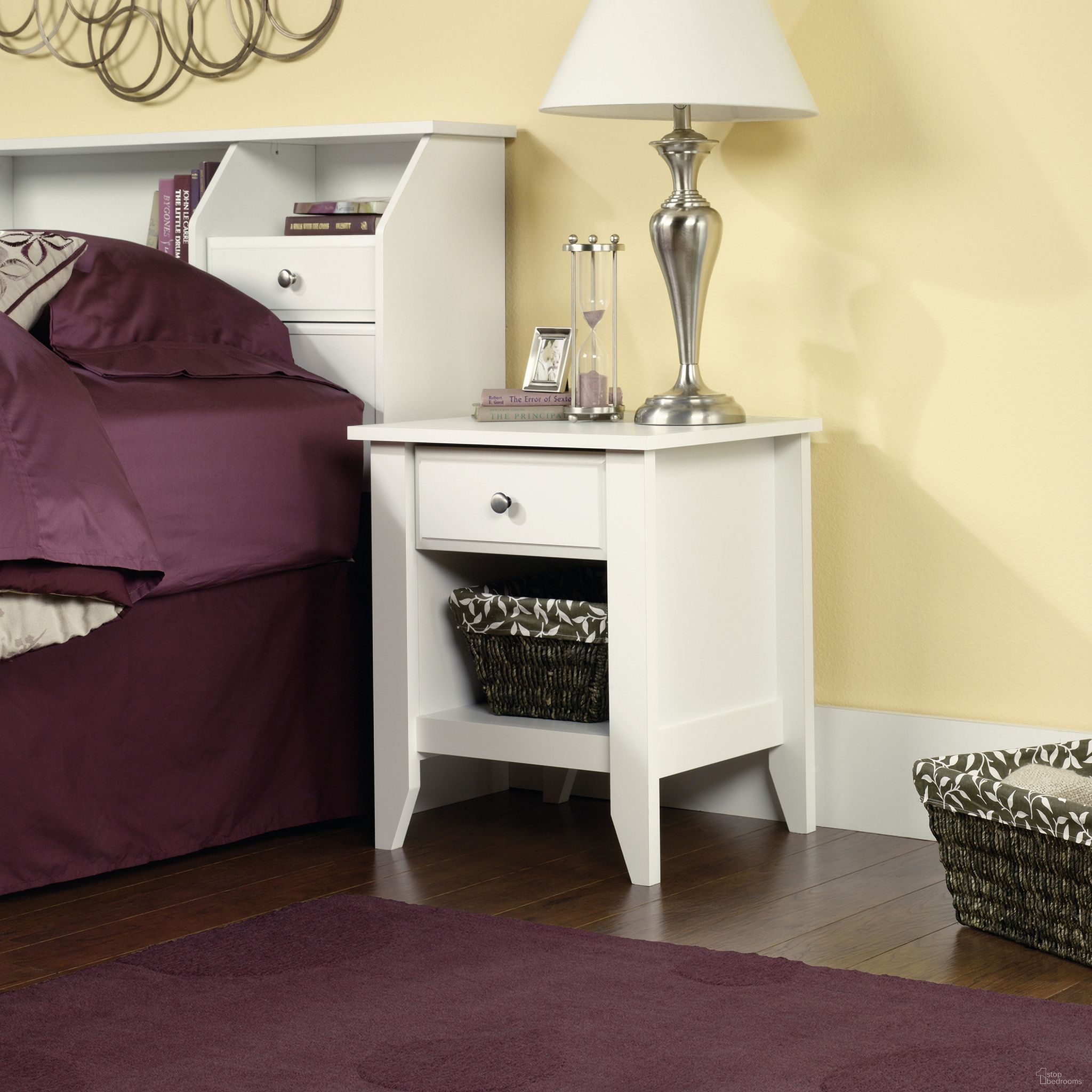 The appearance of Shoal Creek Night Stand In Soft White designed by Sauder in the transitional interior design. This soft white piece of furniture was selected by 1StopBedrooms from Shoal Creek Collection to add a touch of cosiness and style into your home. Sku: 411200. Material: Engineered Wood.