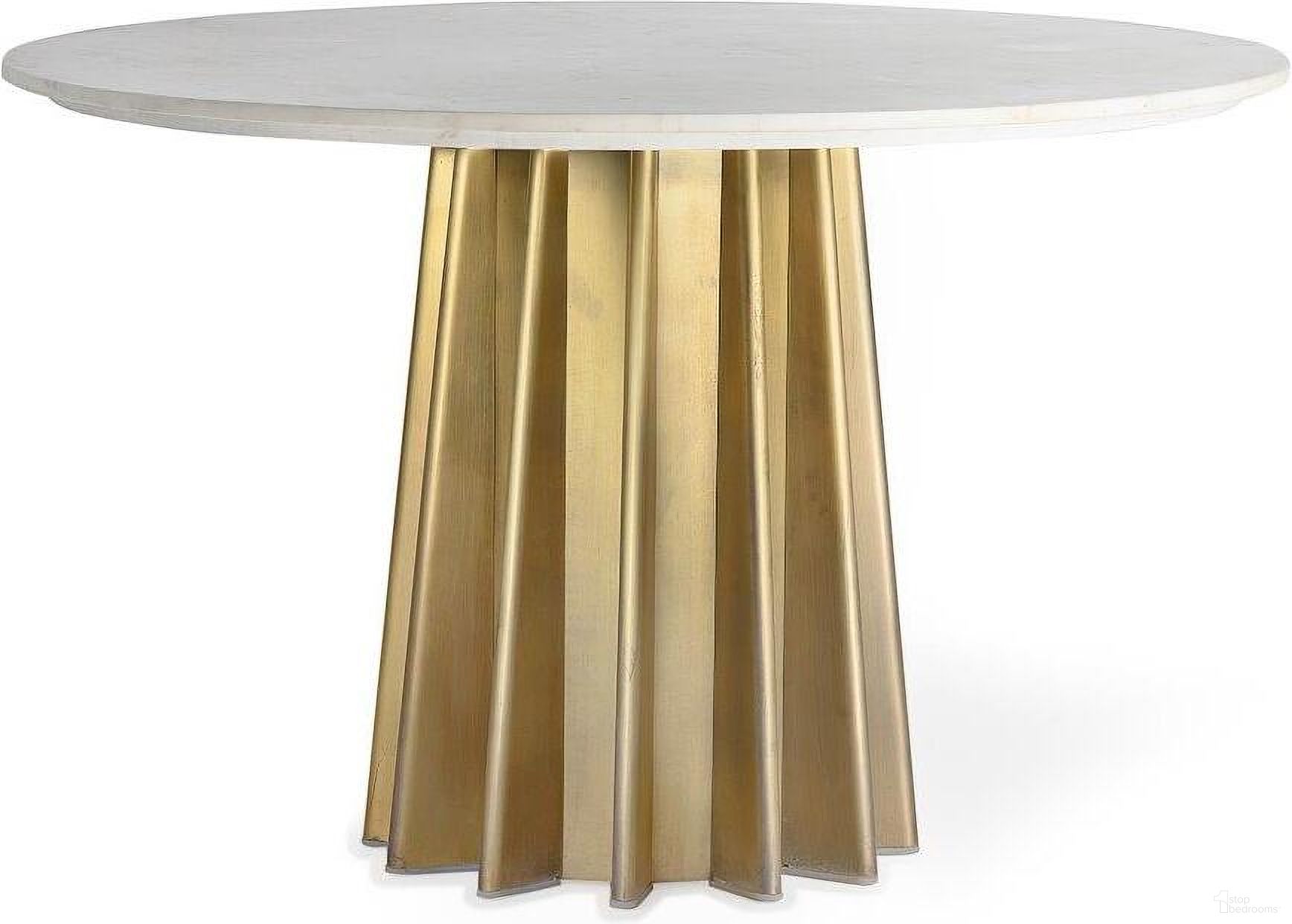 The appearance of Shore Front Table In Antique Brass designed by Union Home Furniture in the modern / contemporary interior design. This antique brass piece of furniture  was selected by 1StopBedrooms from Shore Collection to add a touch of cosiness and style into your home. Sku: DIN00019. Table Base Style: Pedestal. Table Top Shape: Round. Material: Steel. Size: 47".