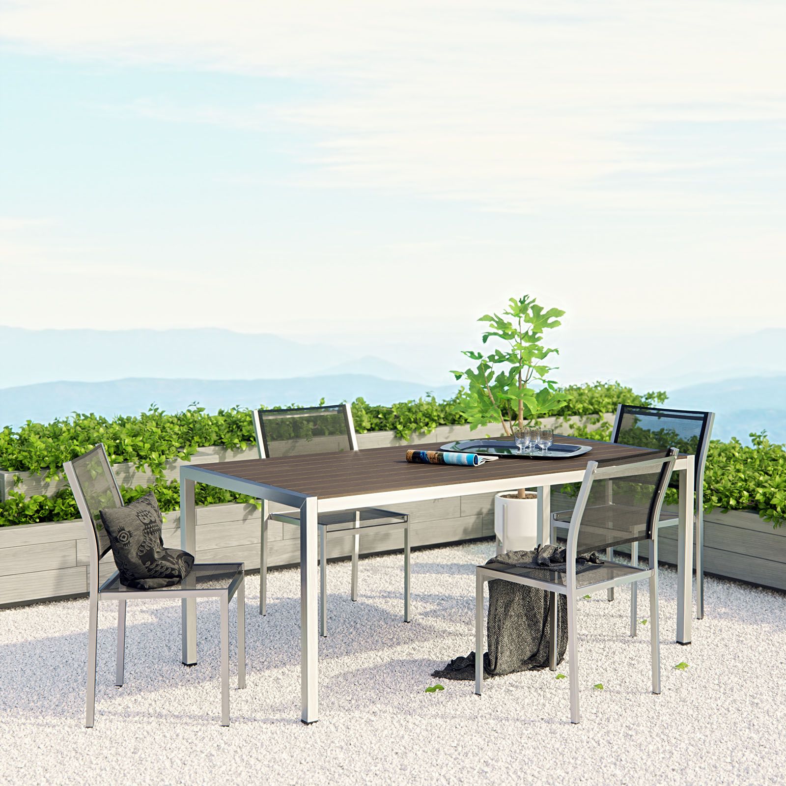 The appearance of Shore Silver and Black 5 Piece Outdoor Patio Aluminum Dining Set EEI-2482-SLV-BLK-SET designed by Modway in the modern / contemporary interior design. This silver and black piece of furniture  was selected by 1StopBedrooms from Shore Collection to add a touch of cosiness and style into your home. Sku: EEI-2251-SLV-GRY;EEI-2259-SLV-BLK;EEI-2259-SLV-BLK. Table Base Style: Legs. Material: Wood. Table Top Shape: Rectangular.