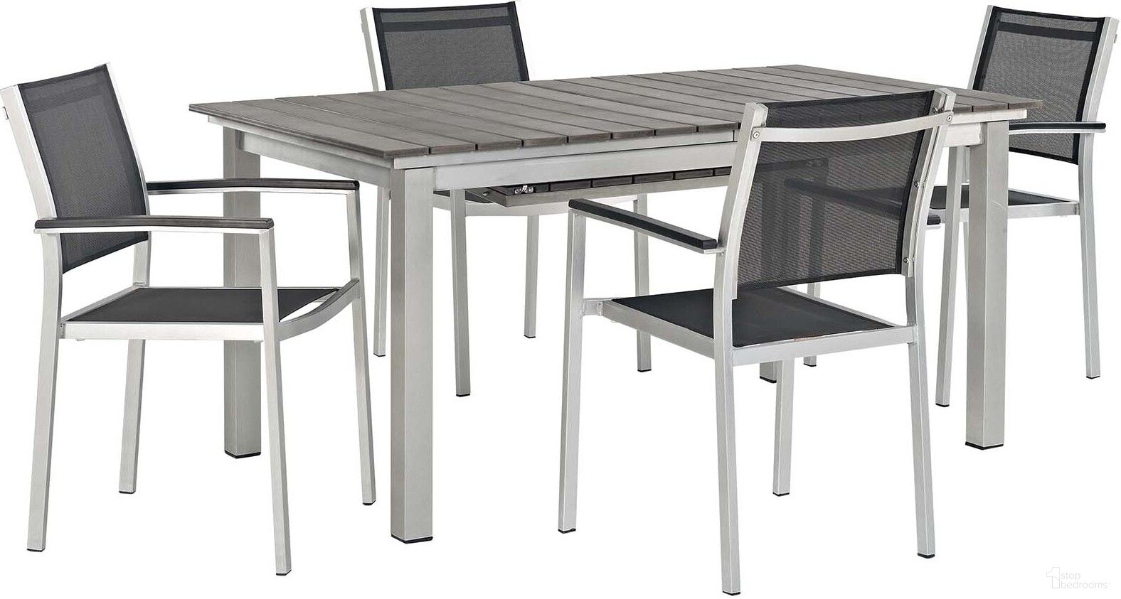 The appearance of Shore Silver and Black 5 Piece Patio Aluminum Outdoor Dining Set designed by Modway in the modern / contemporary interior design. This silver and black piece of furniture was selected by 1StopBedrooms from Shore Collection to add a touch of cosiness and style into your home. Sku: EEI-2257-SLV-GRY;EEI-2272-SLV-BLK;EEI-2272-SLV-BLK. Table Base Style: Legs. Material: Wood. Table Top Shape: Rectangular.