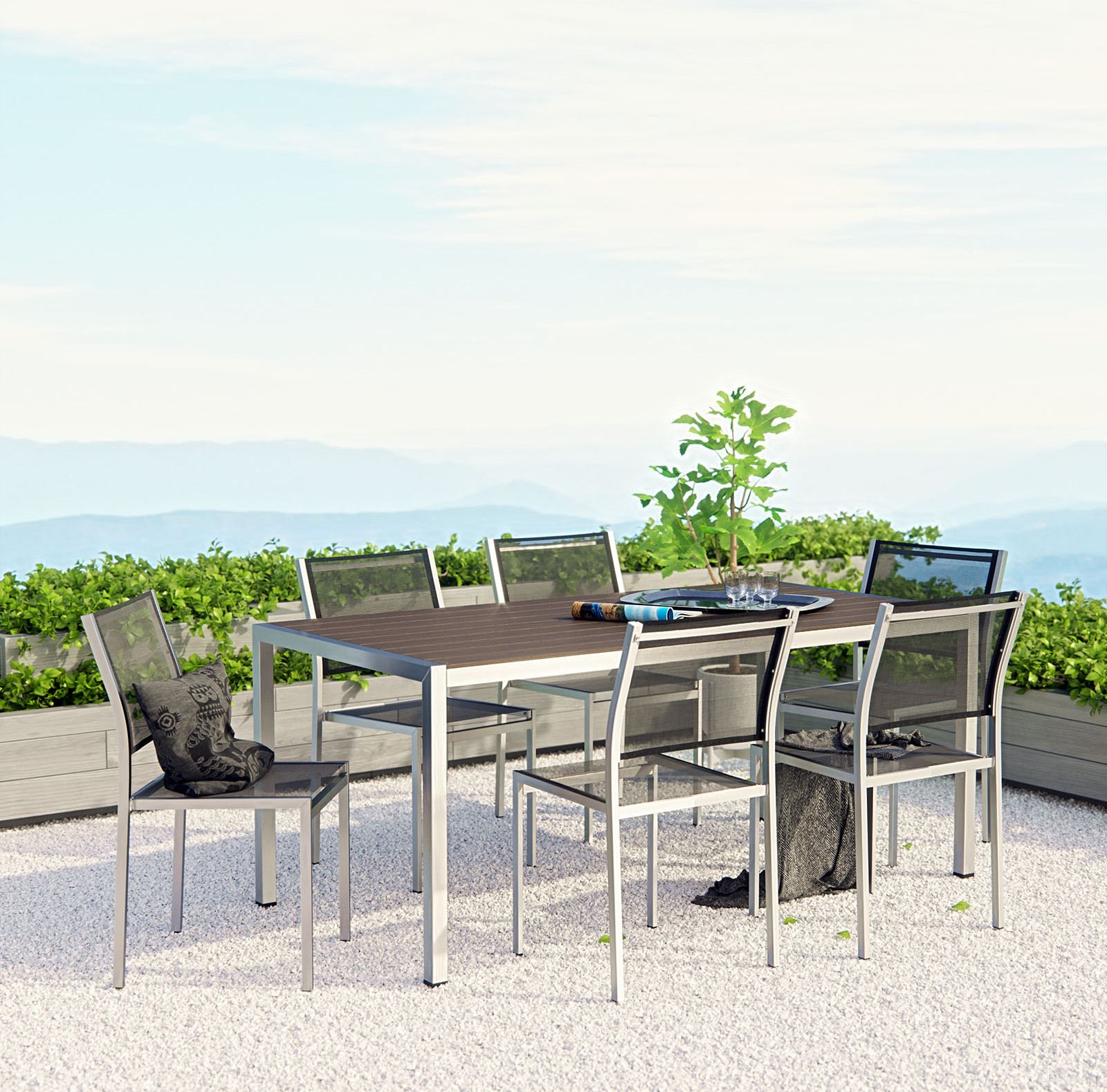 The appearance of Shore Silver and Black 7 Piece Outdoor Patio Aluminum Dining Set EEI-2485-SLV-BLK-SET designed by Modway in the modern / contemporary interior design. This silver and black piece of furniture  was selected by 1StopBedrooms from Shore Collection to add a touch of cosiness and style into your home. Sku: EEI-2251-SLV-GRY;EEI-2259-SLV-BLK;EEI-2259-SLV-BLK;EEI-2259-SLV-BLK. Table Base Style: Legs. Material: Wood. Table Top Shape: Rectangular.