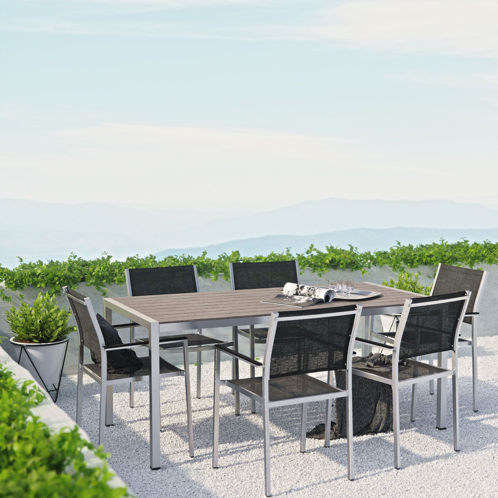 The appearance of Shore Silver and Black 7 Piece Outdoor Patio Aluminum Dining Set EEI-2486-SLV-BLK-SET designed by Modway in the modern / contemporary interior design. This silver and black piece of furniture  was selected by 1StopBedrooms from Shore Collection to add a touch of cosiness and style into your home. Sku: EEI-2251-SLV-GRY;EEI-2272-SLV-BLK;EEI-2272-SLV-BLK;EEI-2272-SLV-BLK. Table Base Style: Legs. Material: Wood. Table Top Shape: Rectangular.