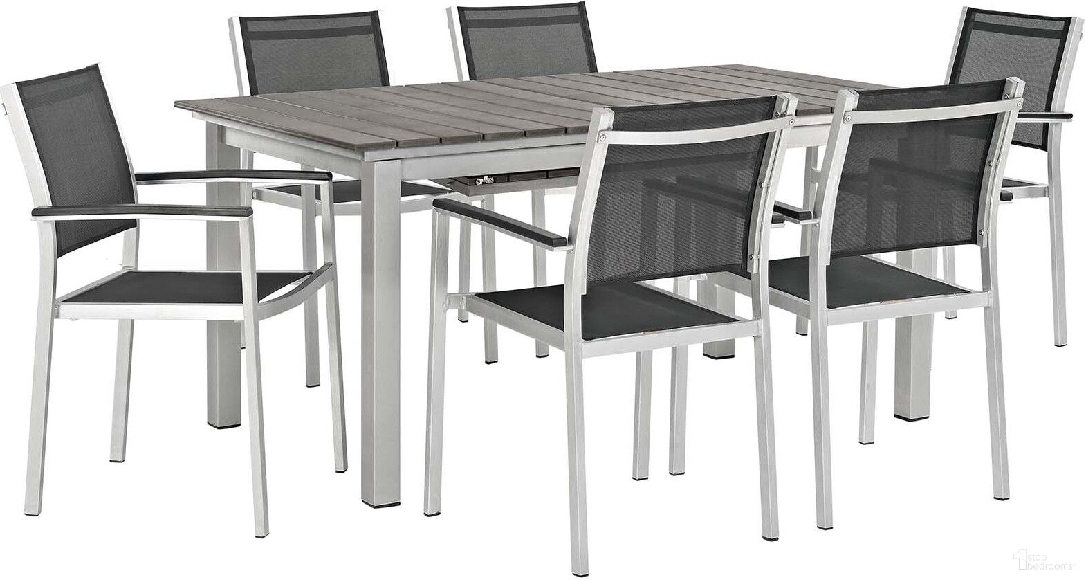 The appearance of Shore Silver and Black 7 Piece Patio Aluminum Outdoor Dining Set designed by Modway in the modern / contemporary interior design. This silver and black piece of furniture was selected by 1StopBedrooms from Shore Collection to add a touch of cosiness and style into your home. Sku: EEI-2257-SLV-GRY;EEI-2272-SLV-BLK;EEI-2272-SLV-BLK;EEI-2272-SLV-BLK. Table Base Style: Legs. Material: Wood. Table Top Shape: Rectangular.