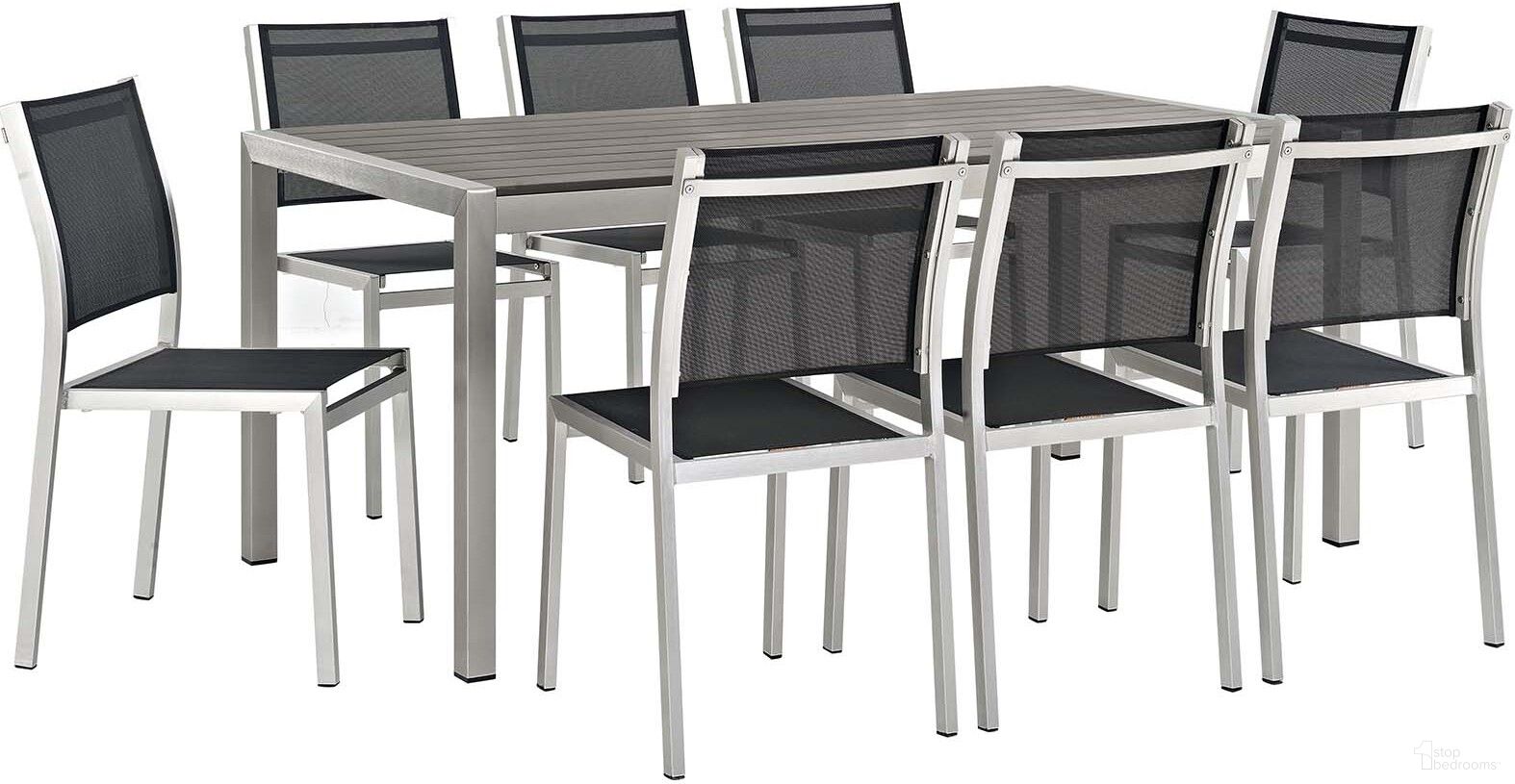 The appearance of Shore Silver and Black 9 Piece Outdoor Patio Aluminum Dining Set designed by Modway in the modern / contemporary interior design. This silver and black piece of furniture  was selected by 1StopBedrooms from Shore Collection to add a touch of cosiness and style into your home. Sku: EEI-2251-SLV-GRY;EEI-2259-SLV-BLK;EEI-2259-SLV-BLK;EEI-2259-SLV-BLK;EEI-2259-SLV-BLK. Table Base Style: Legs. Material: Wood. Table Top Shape: Rectangular.