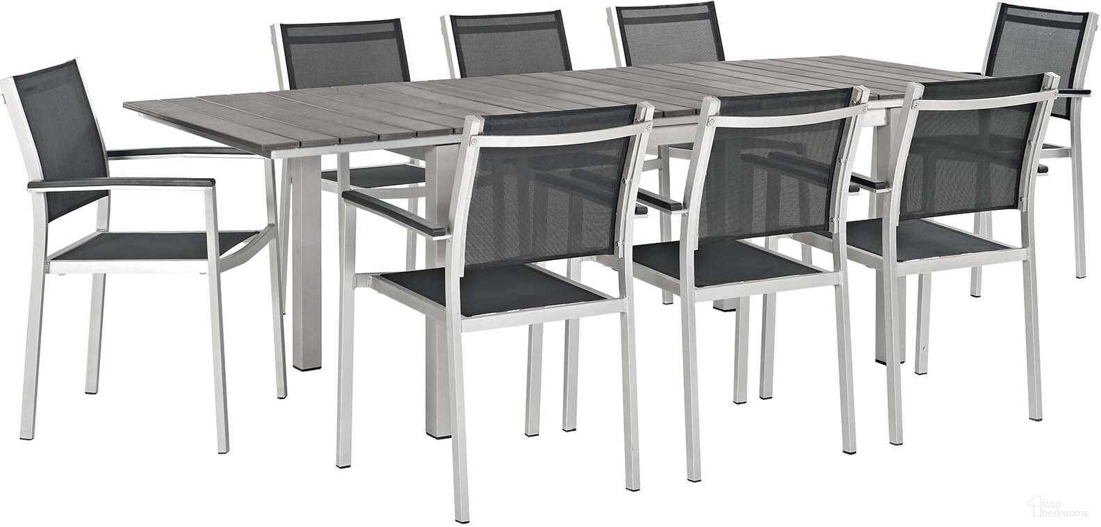 The appearance of Shore Silver and Black 9 Piece Patio Aluminum Outdoor Dining Set designed by Modway in the modern / contemporary interior design. This silver and black piece of furniture was selected by 1StopBedrooms from Shore Collection to add a touch of cosiness and style into your home. Sku: EEI-2257-SLV-GRY;EEI-2272-SLV-BLK;EEI-2272-SLV-BLK;EEI-2272-SLV-BLK;EEI-2272-SLV-BLK. Table Base Style: Legs. Material: Wood. Table Top Shape: Rectangular.