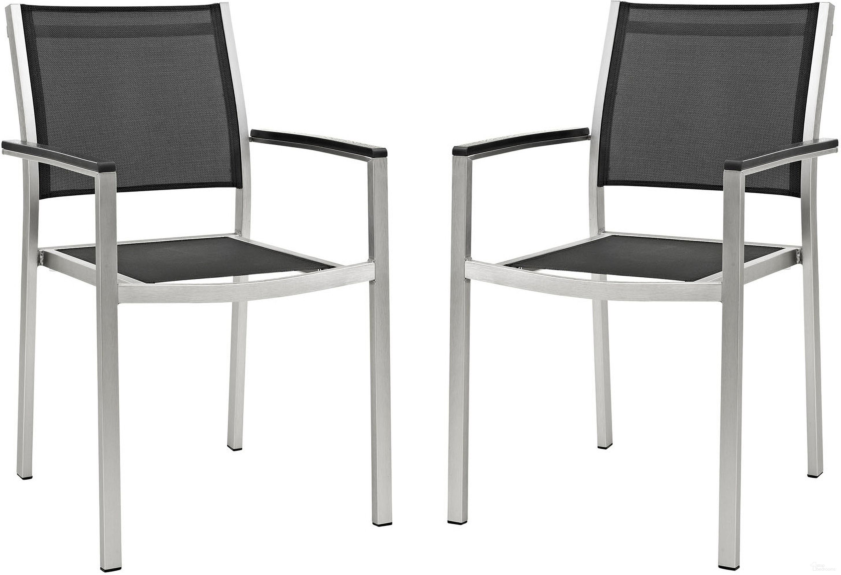 The appearance of Shore Silver and Black Dining Chair Outdoor Patio Aluminum Set of 2 designed by Modway in the modern / contemporary interior design. This silver and black piece of furniture  was selected by 1StopBedrooms from Shore Collection to add a touch of cosiness and style into your home. Sku: EEI-2586-SLV-BLK-SET. Material: Wood.