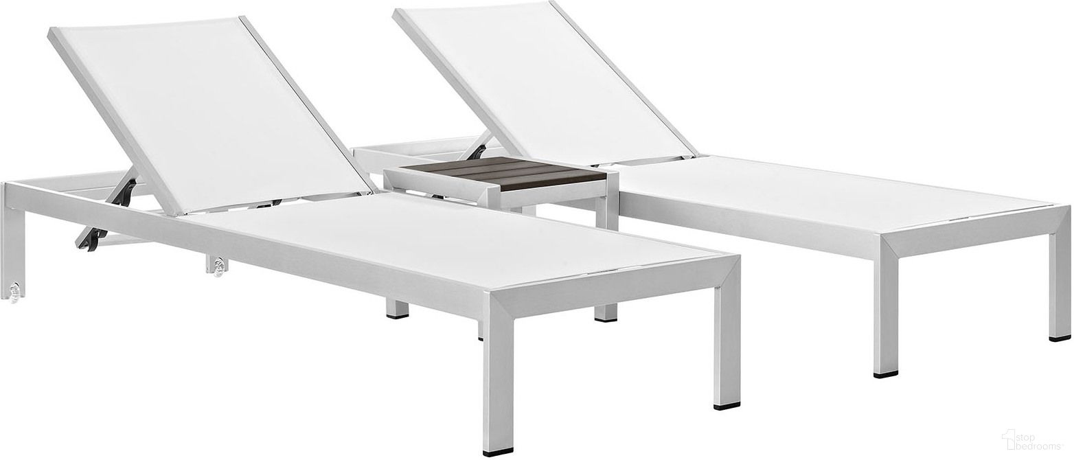 The appearance of Shore Silver and White 3 Piece Outdoor Patio Aluminum Set designed by Modway in the modern / contemporary interior design. This silver and white piece of furniture was selected by 1StopBedrooms from Shore Collection to add a touch of cosiness and style into your home. Sku: EEI-2248-SLV-GRY;EEI-2249-SLV-WHI;EEI-2249-SLV-WHI. Material: Aluminum.